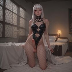 ai_generated athletic_futanari bedroom_background big_breasts blindparty civitai dickgirl fishnets futanari lingerie penis red_eyes solo stockings white_hair