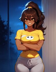 1girls abs ai_generated bangs brown_eyes brown_hair brown_skinned_female dark-skinned_female eyebrows eyelashes fit fit_female hair_between_eyes high_ponytail medium_breasts pants ponytail sally_(xandr) smile smiley_face t-shirt thick_ass thick_thighs thin thin_female thin_waist tight_pants xandr