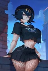 1girls ai_generated aksn bare_thighs big_breasts blue_eyes blue_hair clothed clothing color female female_focus female_only fit_female goth goth_clothing goth_girl hi_res lana_(pokemon) large_breasts light-skinned_female light_skin looking_at_viewer pokemon pokemon_trainer short_hair solo solo_female tagme thick_thighs