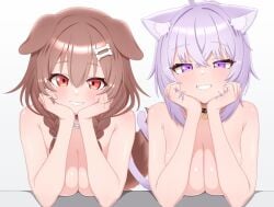 2girls ahoge blush bone braid brown_hair cat_ears cat_tail catgirl collar dog_ears dog_girl dog_tail female female_only hairclip hololive hololive_gamers hololive_japan inugami_korone light-skinned_female light_skin mingkozus nekomata_okayu nude nude_female purple_eyes purple_hair red_eyes short_hair tail twin_braids twintails virtual_youtuber