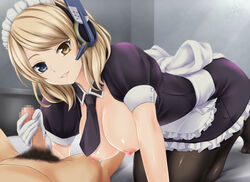 1boy 1girls all_fours apron black_legwear blonde_hair blue_eyes bow breasts breasts_out censored detached_collar dress female frills gloved_handjob gloves handjob hanging_breasts headphones heterochromia large_breasts light-skinned_female light-skinned_male light_skin looking_at_viewer maid maid_headdress male_pov male_pubic_hair mosaic_censoring necktie nipples nonaka_ritsu pantyhose parted_lips penis pov pubic_hair puffy_short_sleeves puffy_sleeves renown_(zhan_jian_shao_nyu) short_hair short_sleeves smile solo_focus waist_apron white_gloves yellow_eyes zhan_jian_shao_nyu