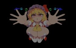 1girls animated ascot bangs big_breasts blonde_hair blush bouncing_breasts breasts_out closed_eyes color crystal flandre_scarlet heart-shaped_pupils jumping kissing looking_at_viewer micro_bikini outstretched_arms painted_nails pixel_art pointy_ears ponytail red_eyes skirt sweat takorin thighhighs touhou wings