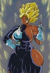 areola areolae big_breasts breasts clothing clothing_damage curvy curvy_figure dragon_ball dragon_ball_super eye_closed hand_on_hip huge_breasts kale pussy super_saiyan thighs visible_areolae visible_pussy