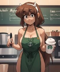 1girls ai_generated apron barista big_breasts black_eyes blush brown_hair cup female holding_object horns_hairband human iced_latte_with_breast_milk jlfo light-skinned_female light_skin marker mole mole_on_breast mona_(inker_comics) naked_apron nude nude_female nudist original_character outerwear pale_skin partially_clothed thick_thighs workplace