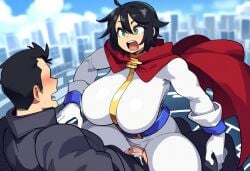 1boy 1boy1girl 1girls ai_generated big_breasts black_hair blush blushing body_hair bodysuit cameltoe cape city dark_hair faceless_male female gloves green_eyes heroine huge_breasts mullon novelai open_mouth original original_character riding_penis sex short_hair starcrush straight superheroine thick_thighs tight_clothing vaginal_penetration venus_body voluptuous wide_hips