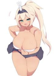 1girls alternate_version_available asra_tamamonomae bangs bare_arms bare_legs bare_thighs big_breasts blonde_hair blush breasts cleavage dark-skinned_female facing_viewer female female_focus female_only green_eyes headwear huge_breasts joints large_breasts leaning_forward long_hair looking_at_viewer megami_device simple_background skirt solo subten teasing thick_thighs thighs tied_hair white_background