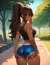 1girls abs ai_generated bangs brown_eyes brown_hair brown_skinned_female dark-skinned_female dolphin_shorts eyebrows eyelashes fit fit_female hair_between_eyes high_ponytail medium_breasts ponytail sally_(xandr) smile smiley_face tank_top thick_ass thick_thighs thin thin_female thin_waist xandr