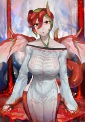 big_breasts dragon green_eyes green_hair huge_breasts huge_thighs oc red_eyes red_hair sakoku shin_(sakoku) thighs yellow_eyes