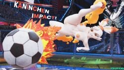 anthro areola ball breasts elemental_manipulation female fire fire_manipulation generation_8_pokemon genitals hi_res impact_effect impact_lines kick lagomorph leporid mammal mr_wiggle3d nintendo nipples nude pokemon pokemon_(species) pussy rabbit scorbunny scorbunny_(valorlynz) soccer soccer_ball solo sport text