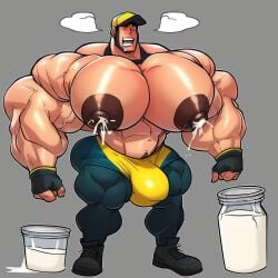 1boy ai ai_generated big_huge big_nipples breastmilk brown_hair brown_nipples gushing_milk huge_bulge lactating lactation lactation_without_expressing male male_lactation male_only menaiart milk pecs_bigger_than_head solo solo_male squirting_milk