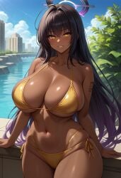 1girls ai_generated big_breasts black_hair blue_archive breasts dark-skinned_female female female_focus gold_bikini halo huge_breasts karin_(blue_archive) large_breasts long_hair looking_at_viewer navel smiling smiling_at_viewer thick_thighs thighs yellow_eyes