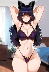 1girls ai_generated big_breasts black_hair black_lingerie blake_belladonna breasts female female_focus huge_breasts large_breasts looking_at_viewer looking_pleasured rwby yellow_eyes