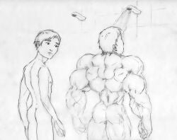 2boys ass hyper_muscles monochrome muscular_male shower size_difference