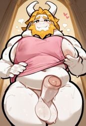 <3 1anthro 1boy 1male 1man ai_art ai_generated anthro asgore_dreemurr balls ballsack bara bara_tiddies bara_tits beard belly big_belly big_cock big_pecs big_penis blush chubby chubby_anthro chubby_belly chubby_male cock dilf erect_cock erect_penis erection facial_hair falsead_(artist) fat fat_belly furry goat goat_horns heart horns humanoid kemono large_pectorals male male_only man_boobs man_tits mature_male moobs musk musk_clouds musky nipple_play nipple_slip nipples nipples_visible_through_clothing older_male pecs pectorals penis scrotum sweat sweaty sweaty_body tank_top tank_top_lift testicles thick_thighs undertale