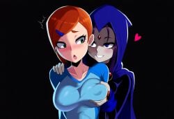 2girls ai_generated alternate_breast_size ben_10 breast_grab company_connection covered_nipples crossover dc dc_comics female female_only groping gwen_tennyson heart imminent_sex large_breasts mullon multiple_girls novelai nude raven_(dc) superhero warner_brothers yuri yuri