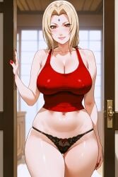 ai_generated blush breasts door doorway huge_breasts lingerie milf naruto_(series) naruto_shippuden nipples_visible_through_clothing open_door panties shiny_skin thick_thighs tsunade