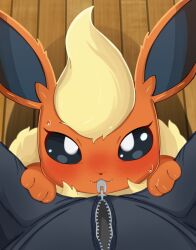 eeveelution feral flareon looking_at_viewer lustful_gaze nintendo pokemon pokemon_(species) teasing zipper_down