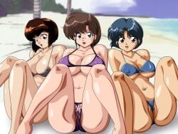 3girls akane_tendo beach big_breasts bikabika bikini blue_hair brown_eyes brown_hair females_only gray_eyes green_eyes hands_behind_back kasumi_tendo large_breasts legs_open legs_spread looking_at_viewer medium_breasts nabiki_tendo nipples_visible_through_bikini palmtrees pubic_hair pussy_visible_through_bikini ranma_1/2 red_hair sea short_hair sitting sitting_on_floor smile swimsuit tagme thick_thighs thighs