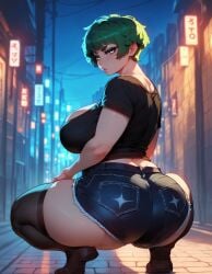 1girls ai_generated big_breasts black_t-shirt bob_cut bob_hair cleavage curvy curvy_figure dark_green_hair denim_shorts gray_eyes green_hair huge_breasts kaeli_(xandr) light-skinned_female light_skin messy messy_hair nerd nerdy nerdy_female plump plump_ass plump_butt plump_female plump_thighs short_hair stockings thick thick_ass thick_thighs very_short_hair voluptuous voluptuous_female whore xandr