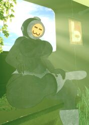 boots content_warning_(game) diving_suit emoticon fully_clothed hand_on_leg plants sitting slightly_chubby_female train_interior vrchat vrchat_avatar worn_clothing