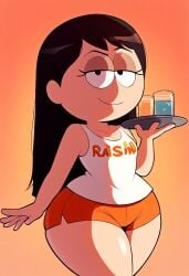 2025 ai_generated background black_hair civitai cup_of_water d3rmal long_hair looking_at_viewer orange_background orange_juice plate raisins_(south_park) seductive shirt short_shorts south_park sunset tagme wendy_testaburger working