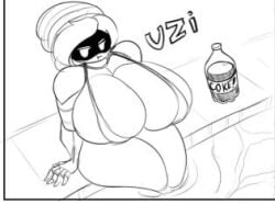 1girls annoyed_expression big_ass big_breasts bikini coca-cola cropped female_focus female_only glitch_productions huge_breasts massive_breasts melted_molten mrmelted murder_drones pool repost robot_girl thick_legs thick_thighs thighs uzi_(murder_drones) uzi_doorman