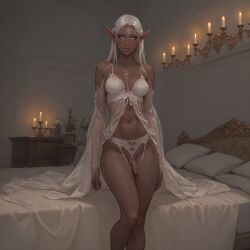 ai_generated athletic_futanari bed bedroom big_breasts blindparty blue_eyes civitai dickgirl elf elf_ears elf_female elf_futanari elf_girl futanari lingerie penis solo white_hair