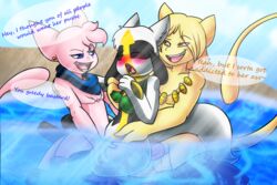 alternate_color beach bikini black_fur clothing fan_character female fur goldie_(theriolumon) group group_sex legendary_pokemon male mew multicolored_fur nintendo pink_fur pokemon pokemon_(species) riolu riolumon rule_63 seaside sex straight_hair swimsuit theriolumon threesome video_games white_fur yellow_fur yosh_(yoshimister)