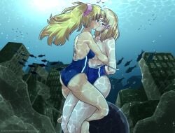 2girls arms_behind_back arms_bound_behind_back ass big_breasts blonde_hair blue_eyes blush bound bound_ankles bound_wrists breast_press breasts collarbone female female_only fish foxeye_(artist) foxeye_limited_game_collection game_cg iron_ball kissing natica_(foxeye) natica_and_sandy:_underwater_rescue original original_character original_characters ponytail sandy_(foxeye) school_swimsuit sharing_air swimsuit underwater undressing weight yuri