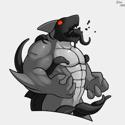 1boy 2017 abs anthro bara biceps digital_media_(artwork) fish goo infestation male male_only mammal marine muscular muscular_male nude open_mouth parasite pecs qundium red_eyes rubber shark simple_background slime solo standing teeth tentacle tongue