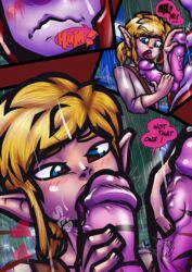 <3_eyes animal_genitalia blonde_hair blue_eyes blush breath_of_the_wild comic dialogue diphallia diphallism ear_piercing english_text erection genital_slit hair handjob heart humanoid humanoid_penis hylian licking link link_(breath_of_the_wild) male male_only multi_penis nintendo old_shirt oral penis penis_lick piercing saliva saliva_string sex sidon_(zelda) slit text the_legend_of_zelda tongue tongue_out two-handed_handjob video_games vonboche yaoi zora