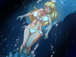 asphyxiation big_breasts bikini blonde_hair blue_eyes breasts clam collarbone drowning female female_only foxeye_(artist) foxeye_limited_game_collection game_cg hips natica_(foxeye) natica_star_splash navel original original_character peril ponytail solo solo_female swimsuit trapped underwater