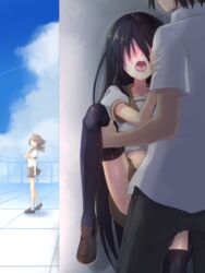 1boy 2girls black_hair blush clothed_sex clothing faceless faceless_female female highres leg_up long_hair male multiple_girls ohlia open_mouth penetration pussy_juice rooftop saliva saliva_trail school_uniform serafuku sex shakugan_no_shana shana skirt skirt_lift spread_legs standing thighhighs tongue wind yoshida_kazumi