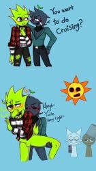 2boys against_wall anal blue_background blue_eyes blue_skin blush brown_eyes brud_(sprunki) censored_penis closed_eyes clothing confused_face cruising flustered gay_sex green_skin incredibox_mod leg_grab lime_(sprunki) male male/male mr._sun_(sprunki) necklace oc original original_character owakcx_(sprunki) precum ripped_pants shirt short_hair shy sprunki sprunki_oc standing_sex sweat wenda_(sprunki) yaoi