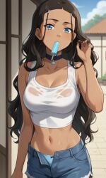 ai_generated ass avatar_legends avatar_the_last_airbender bigmic145 bra breasts clothed clothed_female clothing katara navel nickelodeon panties popsicle see-through see-through_clothing shorts solo solo_female sweat tank_top wet wet_clothes wet_clothing