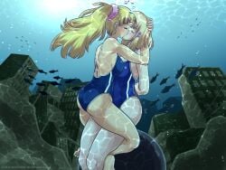 2girls arms_behind_back arms_bound_behind_back ass big_breasts blonde_hair blush bound bound_ankles bound_wrists breast_press breasts closed_eyes female female_only fish foxeye_(artist) foxeye_limited_game_collection game_cg iron_ball kissing natica_(foxeye) natica_and_sandy:_underwater_rescue original original_character original_characters ponytail sandy_(foxeye) school_swimsuit sharing_air swimsuit underwater weight yuri