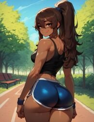 1girls abs ai_generated bangs brown_eyes brown_hair brown_skinned_female dark-skinned_female dolphin_shorts eyebrows eyelashes fit fit_female hair_between_eyes high_ponytail medium_breasts ponytail sally_(xandr) smile smiley_face tank_top thick_ass thick_thighs thin thin_female thin_waist xandr