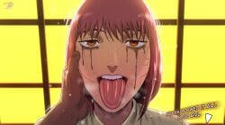 1boy 1girls arms_behind_head big_breasts camera_view chainsaw_man company_connection d-art female female_focus female_only large_breasts looking_at_viewer makima_(chainsaw_man) open_mouth red_hair runny_makeup shounen_jump shueisha streamer tongue_out weekly_shonen_jump