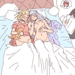 3girls after_sex ahoge anisphia_wynn_palettia annoyed areolae bed bed_sheet blonde_hair blush bottomless breasts canon_couple closed_eyes color colored_sketch completely_nude euphyllia_magenta exhaling grey_hair hand_on_stomach holding_hands humor ilia_coral long_hair lying lying_on_back lying_on_bed maid married_couple night_dress partially_clothed plushie red_hair romantic romantic_couple sigh silver_hair sketch sleeping sleeping_nude sleeping_together smile sound_effects speech_bubble stuffed_animal tensei_oujo_to_tensai_reijou_no_mahou_kakumei wholesome wife_and_wife yuri zzz