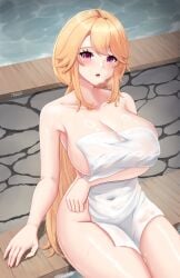 1girls azur_lane blonde_hair blush breasts cleavage female female_only hot_spring huge_breasts iris_libre_(azur_lane) light-skinned_female light_skin musanix onsen pink_eyes richelieu_(azur_lane) solo towel towel_only water