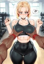 1boy 1girls abs ai_generated bare_arms bare_shoulders big_breasts blonde_hair blue_eyes blush cammy_white capcom color dark-skinned_male dark_skin female fit_female grabbing_breasts hand_on_breast hi_res interracial large_breasts light-skinned_female light_skin looking_at_viewer male male/female muscles muscular muscular_female scar short_hair street_fighter street_fighter_6 tagme thick_thighs zawuardo