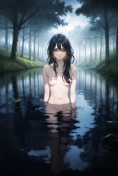 ai_generated bathing black_hair blue_eyes fantasy forest naked night night_sky nude original_character pale-skinned_female pale_skin river siren submerged swimming water