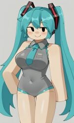 ai_generated black_eyes blocky_body blush bodysuit clothed collared_shirt crossover female fully_clothed hatsune_miku looking_at_viewer lowered_eyelids mob_face pixai roblox robloxian simple_background smile smiling solo teal_hair tie twintails vocaloid