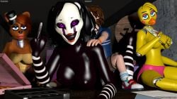 1boy 3girls chica_(fnaf) dark-skinned_female doggy_style five_nights_at_freddy's freddy_(fnaf) frederika_(fnaf) gregory_(fnaf) puppet_(fnaf)