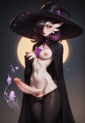 ai_generated black_cape cape erect_penis erection futa_only futanari game_freak gardevoir gloves hand_on_breast lampero large_penis light-skinned_futanari mostly_nude nintendo pants_down partially_clothed penis pokemon purple_hair white_body white_skin witch_costume witch_hat