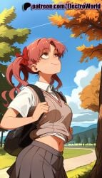 1girls 2025 against_tree ai_generated artist_name autumn backpack bag beach blue_sky bow bush choukou_(alicesoft) choukou_tenshi_escalayer cloud cloudy_sky day electroworld escalayer female grass hairbow hi_res high_quality high_resolution highres holding_strap horizon kouenji_sayuka lake leaf mountain nature navel outdoors palm_tree park patreon patreon_username school_bag school_uniform skirt sky solo stable_diffusion sunset tree tree_shade twintails under_tree watermark