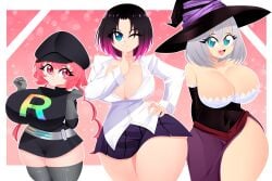 3girls big_breasts big_butt black_hair blue_eyes cleavage dark_hair dragon's_crown elma_(dragon_maid) ilulu_(dragon_maid) miss_kobayashi's_dragon_maid office_lady pink_eyes pink_hair pokemon school_uniform schoolgirl shortstack silver_hair skirt sorceress_(dragon's_crown)_(cosplay) team_rocket_(cosplay) team_rocket_uniform tejina_senpai tejina_senpai_(character) tejina_senpai_(series) thick_thighs thighhighs witch_hat