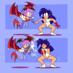 2girls ass ass_visible_through_thighs breasts camera darkstalkers embarrassed embarrassed_nude_female enf female lilith_aensland meredith_(popfulblue) nude popfulblue pussy senftember senftember_(2024) succubus tagme taking_picture