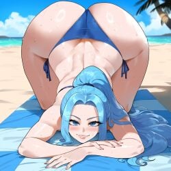 ai_generated ass ass_bigger_than_head ass_focus beach beach_towel big_ass big_butt bikini blue_bikini blue_eyes blue_hair blue_panties bubble_ass bubble_butt creamy_ai curvy dat_ass fat_ass female female_only highleg_panties huge_ass large_ass long_hair nefertari_vivi one_piece ponytail round_ass thick_thighs top-down_bottom-up wide_hips