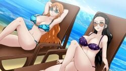 2girls beach beach_chair bikini black_hair blue_bikini blue_eyes blue_swimsuit breasts brown_eyes chair clouds coresix female female_only large_breasts long_hair looking_at_viewer looking_over_eyewear looking_over_sunglasses midriff milf nami nami_(one_piece) navel nico_robin o-ring o-ring_bikini o-ring_swimsuit ocean one_piece orange_hair outside polka_dot polka_dot_bikini polka_dot_swimsuit purple_bikini purple_swimsuit sitting_on_chair sky sunglasses swimsuit tinted_eyewear water